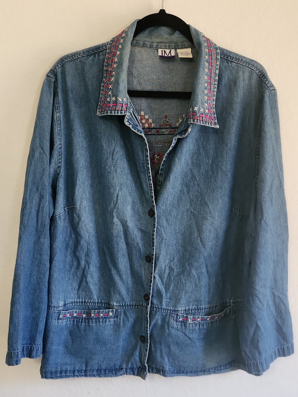 Western Boho Cottagecore Embroidered Denim Shirt Jacket 100% Cotton 2X